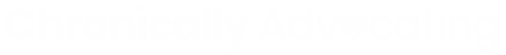 Chronically Advocating logo with bold, dark blue text. The word "Advocating" features a zebra print heart in place of the letter "o"